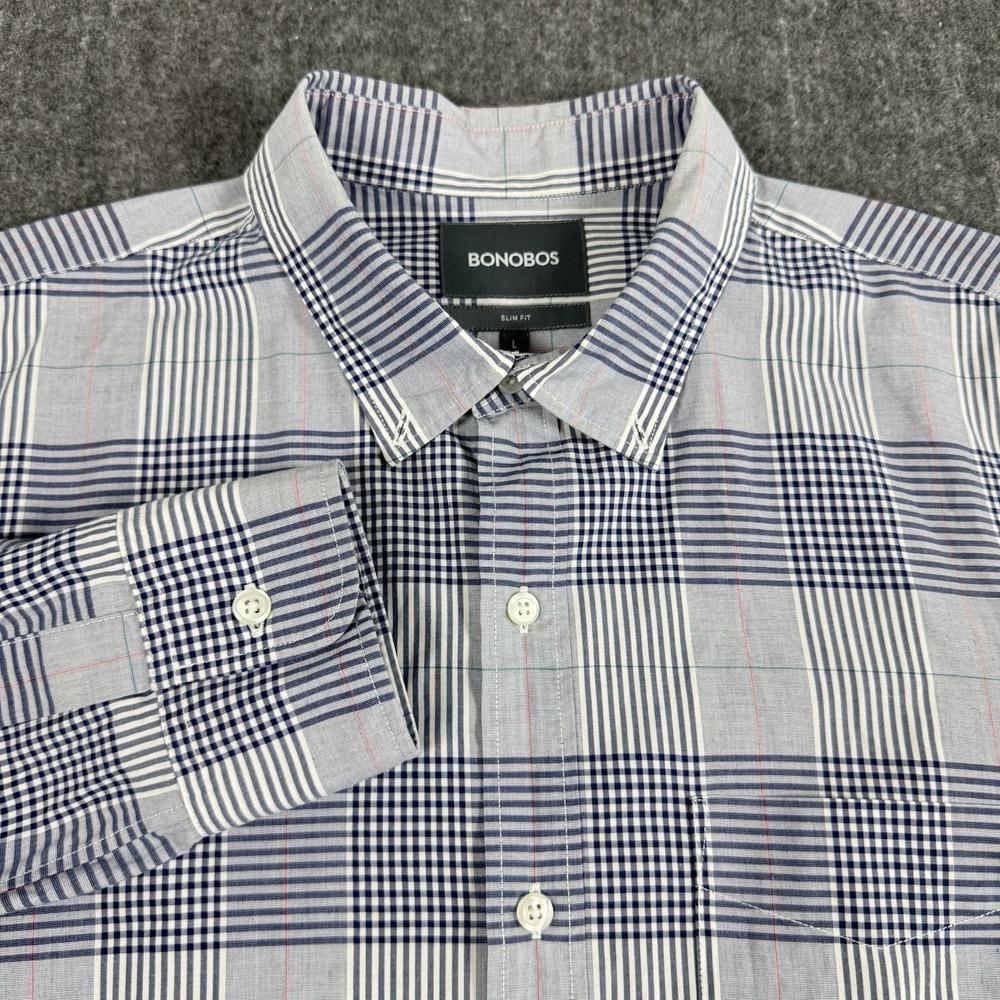 Bonobos Men's Shirt Size L Slim Fit Blue Gray Plaid Long Sleeve 100% Cotton